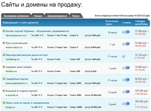 Активные лоты на бирже сайтов